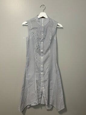 Donna Karan Tulip Stripe Button Up Sleeveless Shirt Dress